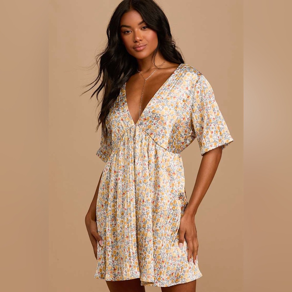 Lulus Express Yourself Yellow Floral Satin Babydoll Dress